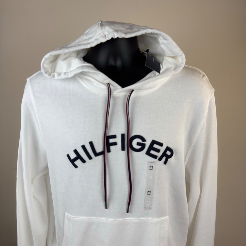Tommy Hilfiger Mens White Logo Hoodie Sweatshirt Embroidered Logo Medium New